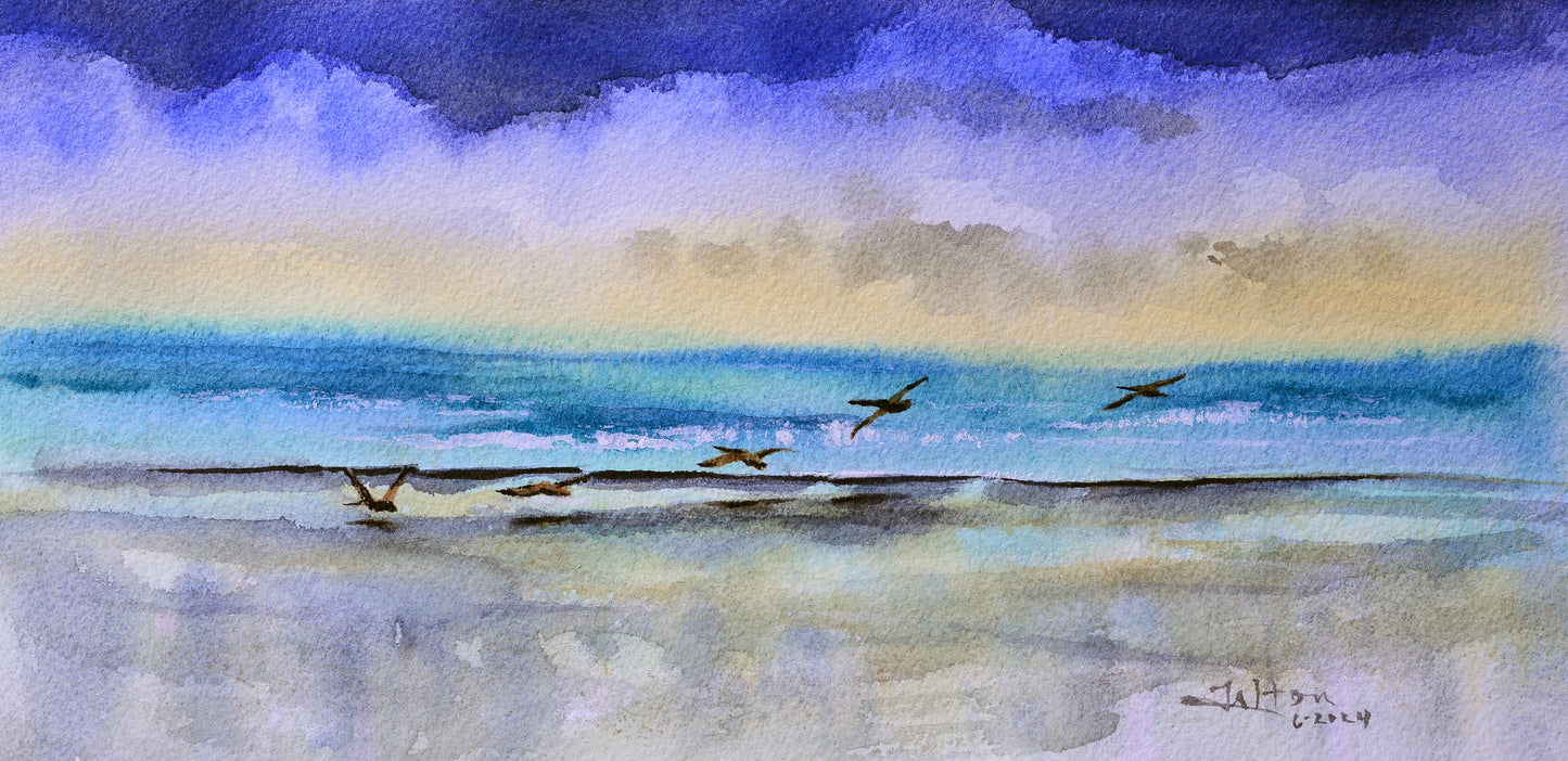 Five Pelicans flying low