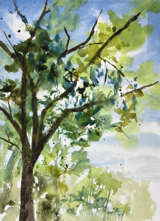 Backyard trees watercolor painting