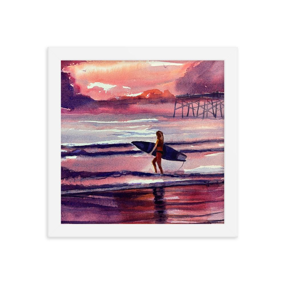 Early morning surfer at the beach framed watercolor print - Julianne Felton