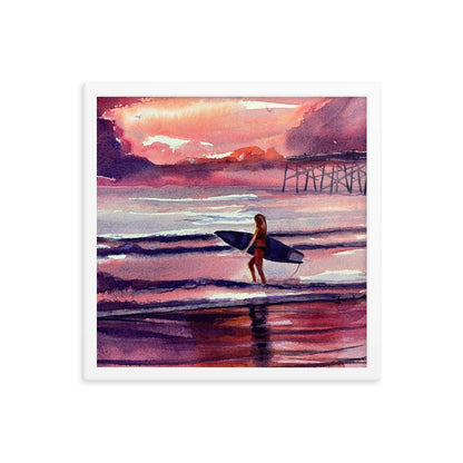 Early morning surfer at the beach framed watercolor print - Julianne Felton