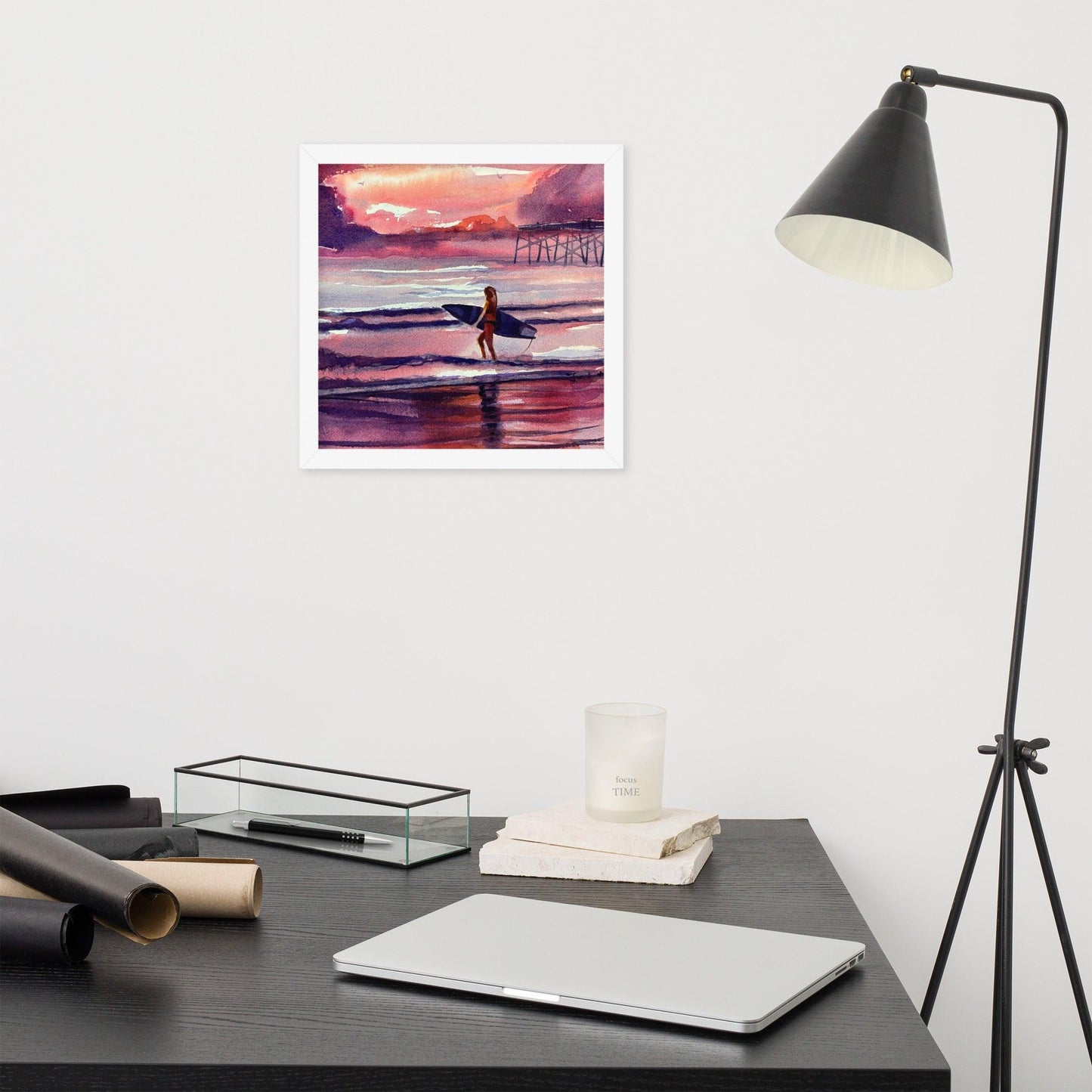 Early morning surfer at the beach framed watercolor print - Julianne Felton