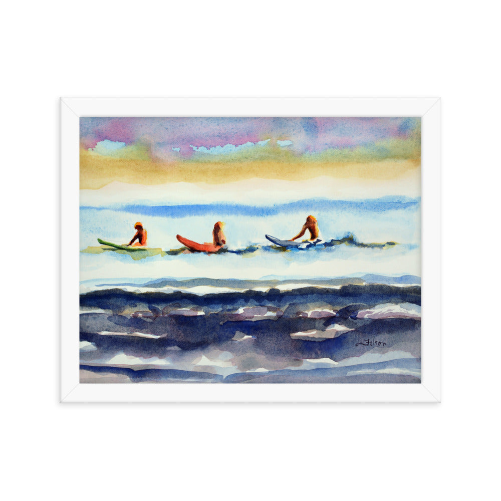 Morning Surfers framed watercolor print