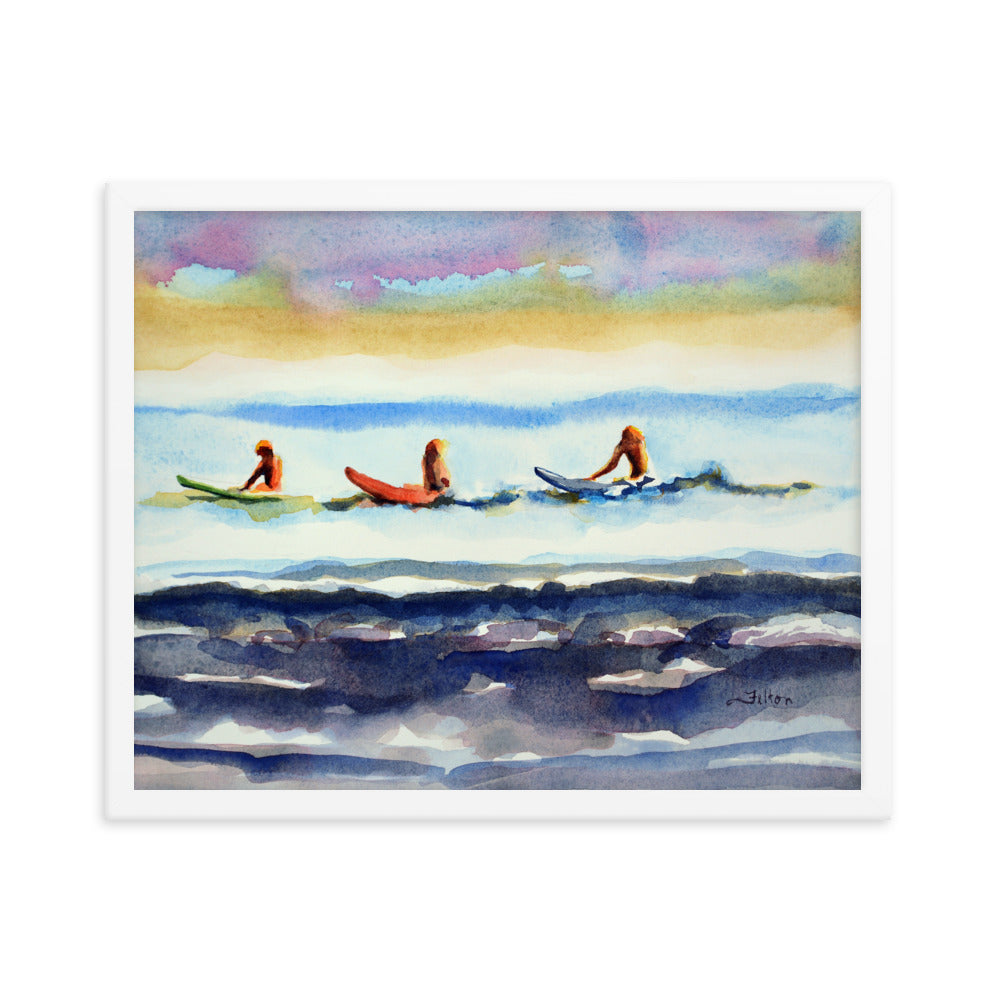 Morning Surfers framed watercolor print