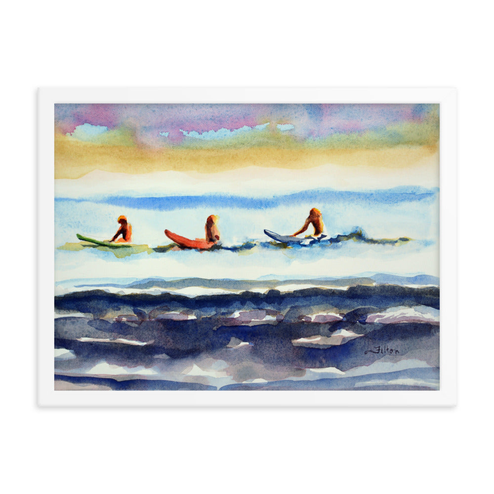 Morning Surfers framed watercolor print