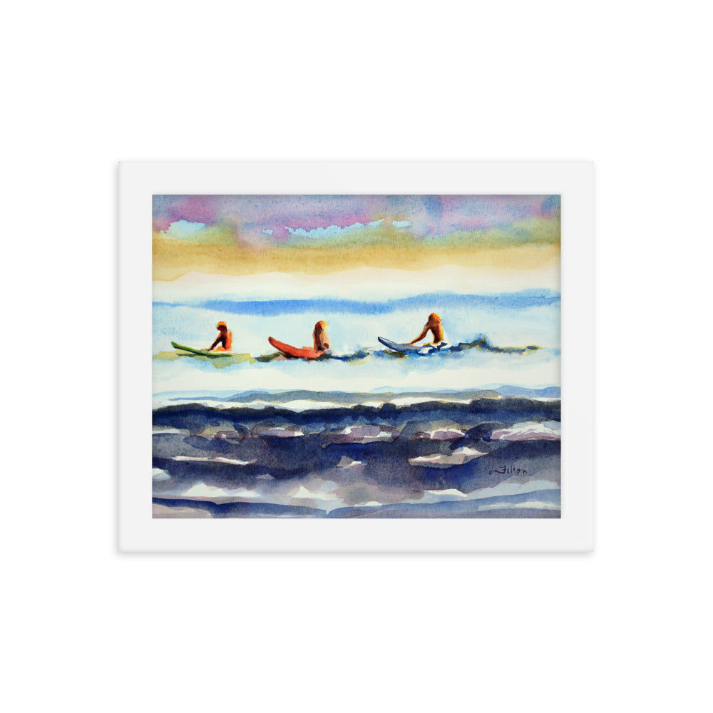 Morning Surfers framed watercolor print