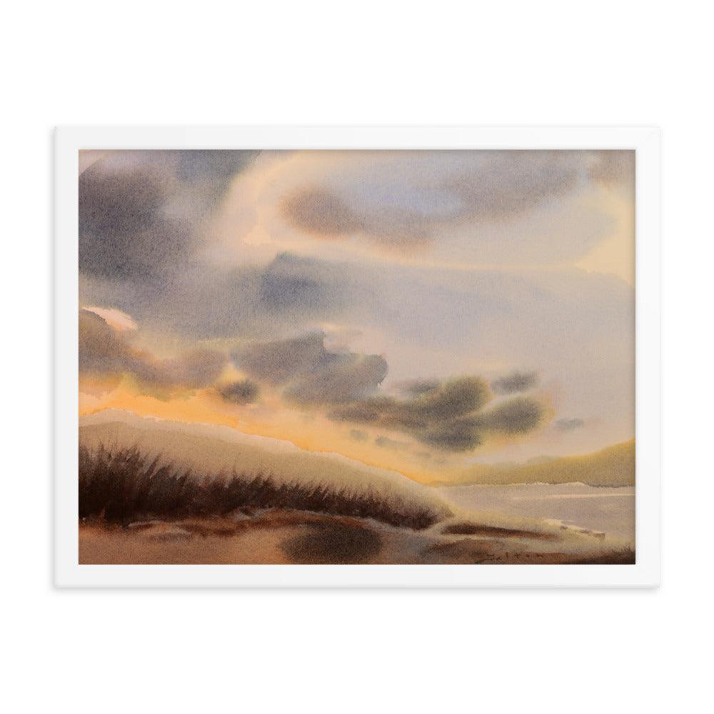'Hillside Light'  framed shoreline and sky clouds watercolor print - Julianne Felton