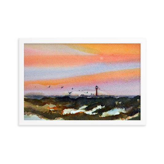 Lighthouse from Smyrna Dunes park watercolor print framed poster - Julianne Felton