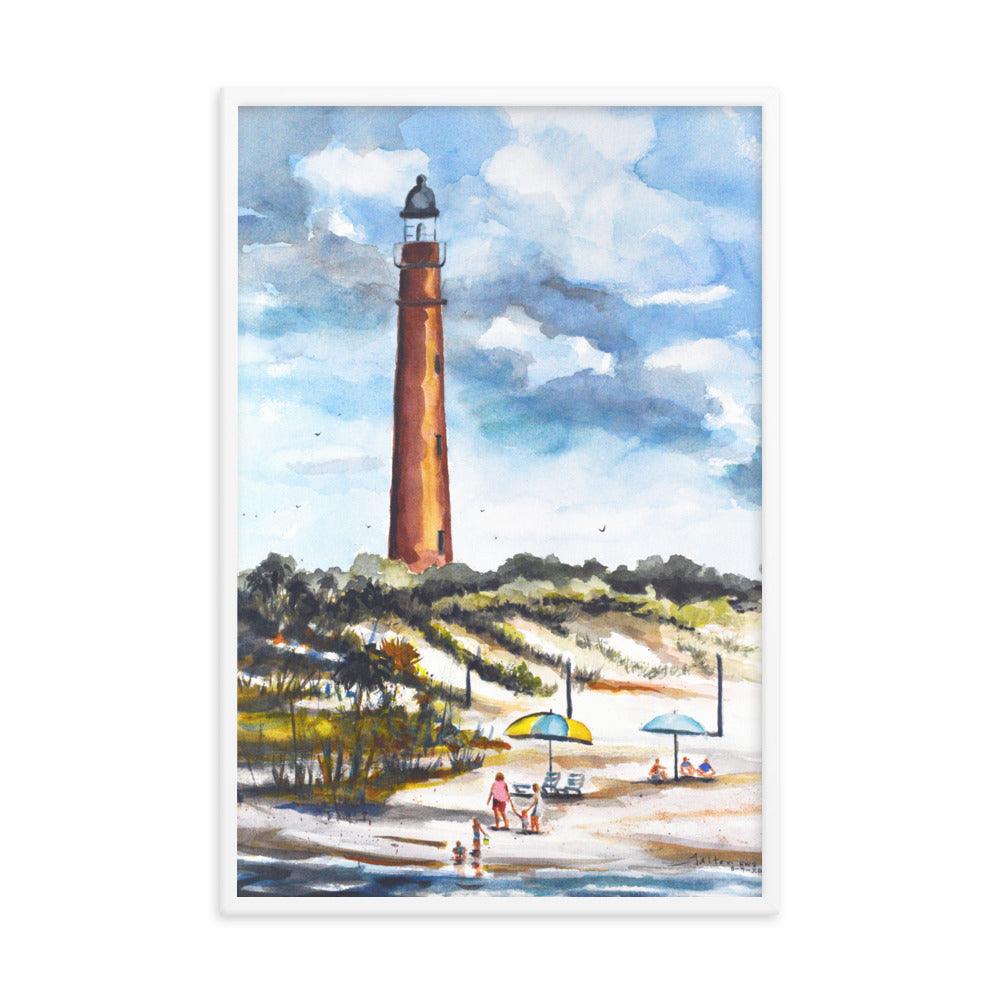 Ponce Inlet lighthouse watercolor beach painting framed posterby Julianne Felton