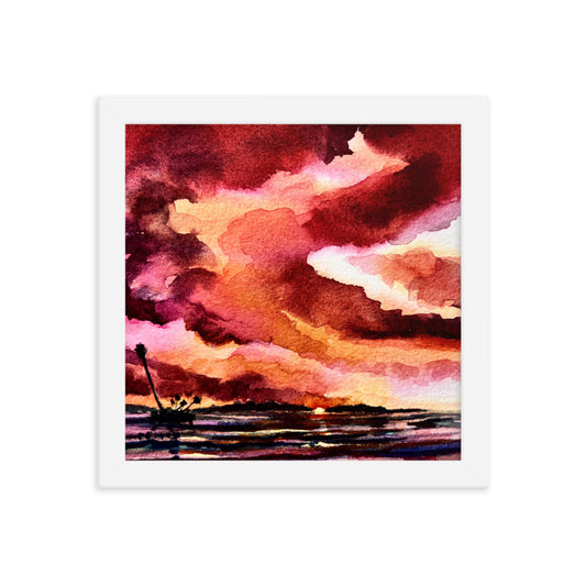 Red Sunset on the River framed watercolor print