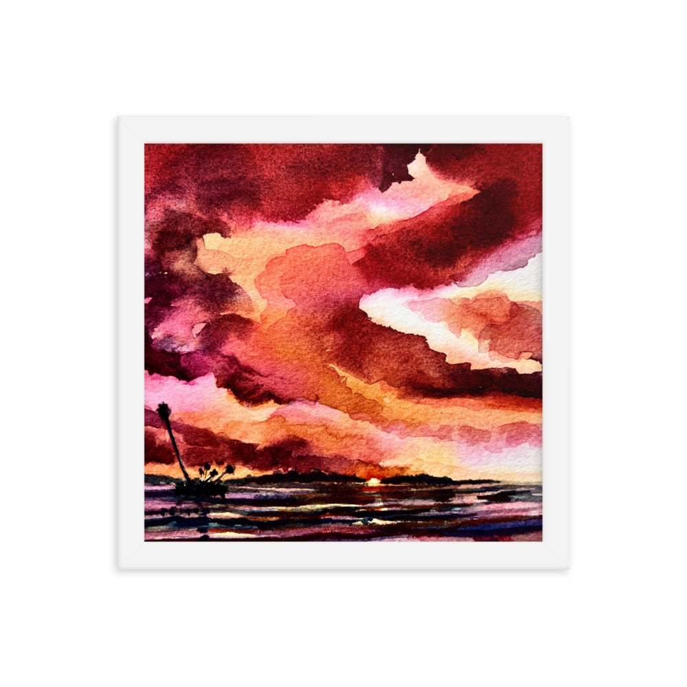 Red Sunset on the River framed watercolor print