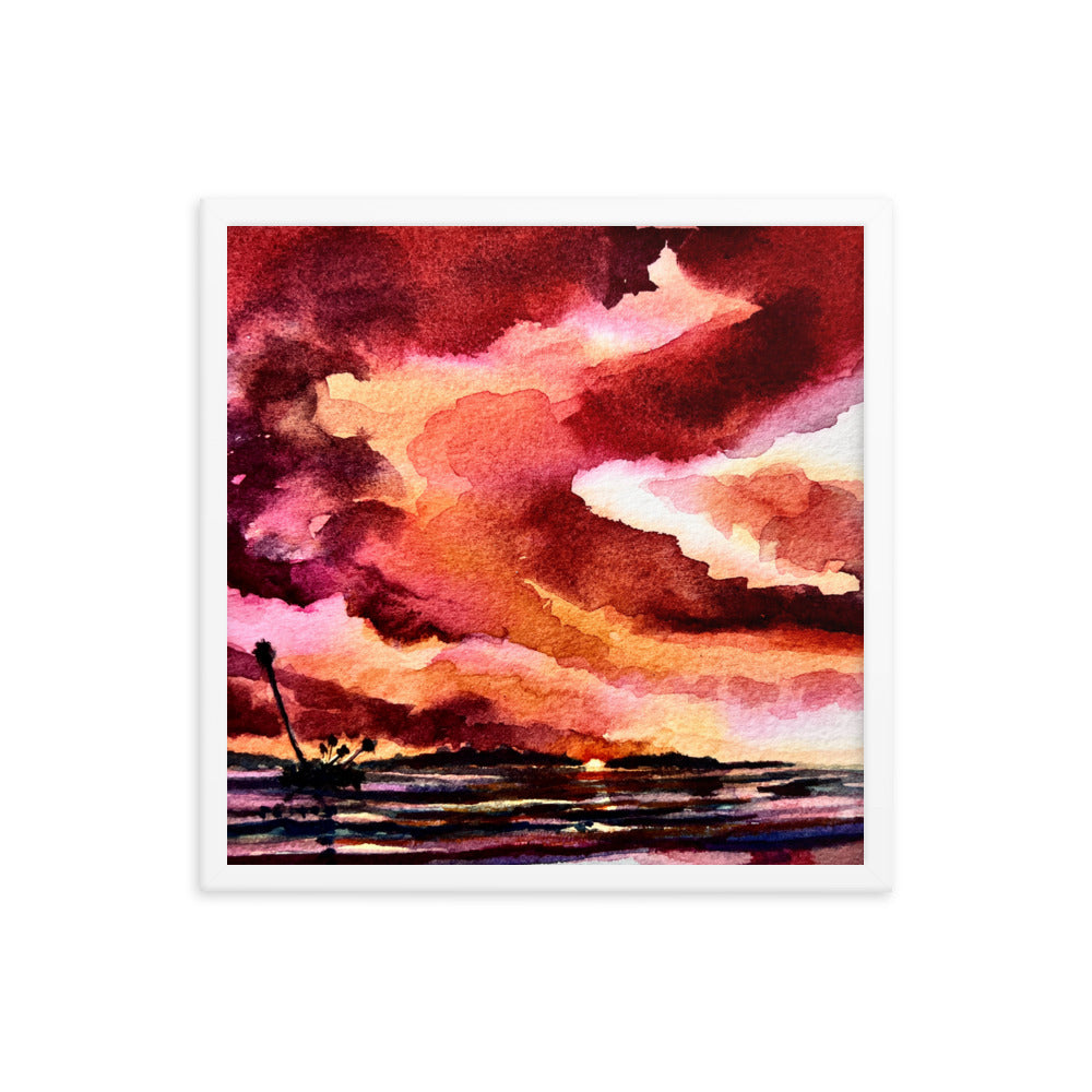 Red Sunset on the River framed watercolor print