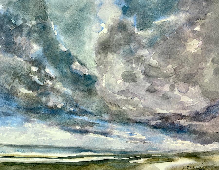 Storm clouds at the beach original watercolor painting - Julianne Felton