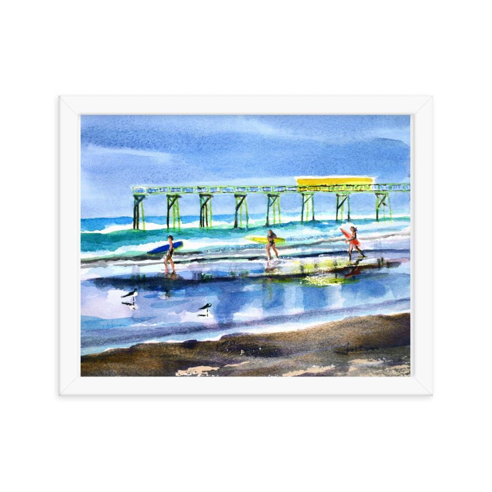 Summertime surfers watercolor print framed poster - Julianne Felton