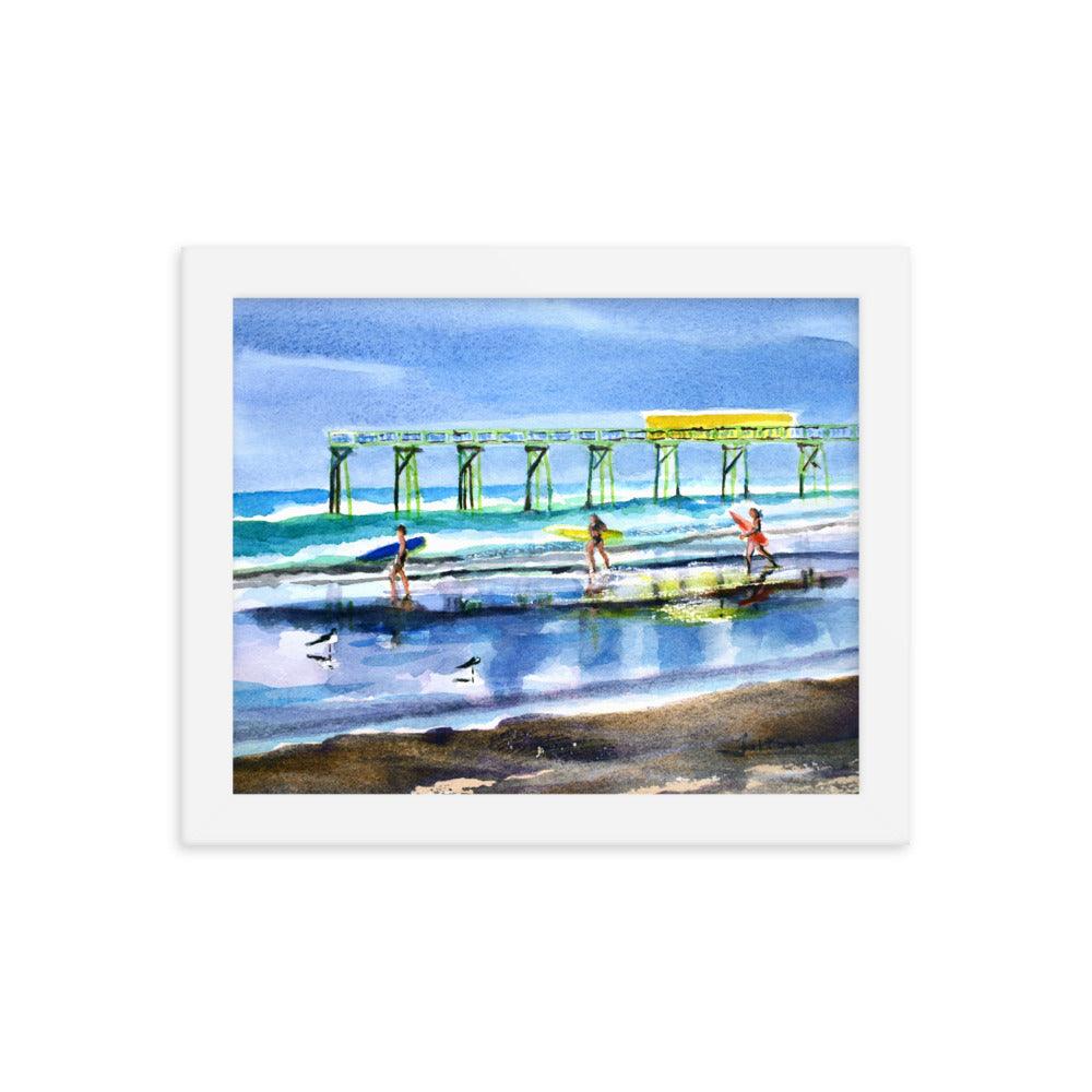 Summertime surfers watercolor print framed poster - Julianne Felton