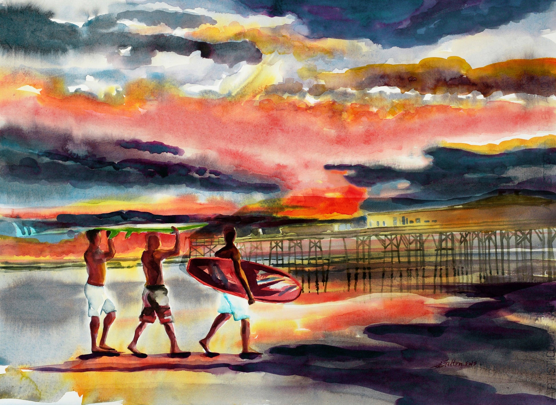 3 teenage surfers at beach sunrise watercolor
