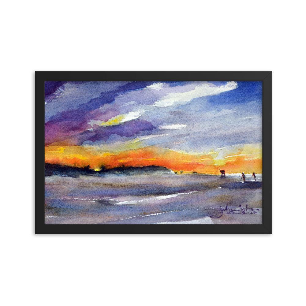 sunset behind distant sand dunes framed watercolor print