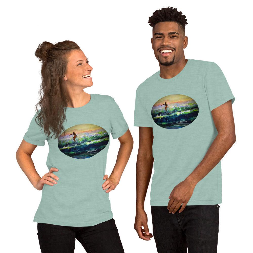 Surfer watercolor print on light green unisex t-shirt