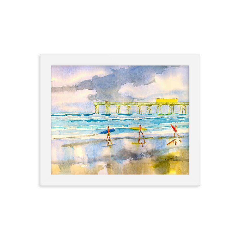 Florida beach watercolor painting poster framed with white frame