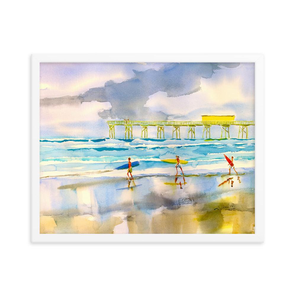 Surfers heading out to the ocean Framed poster - Julianne Felton